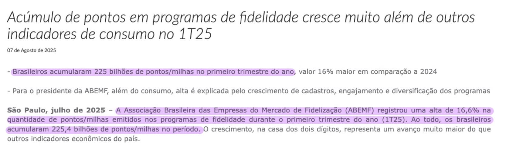 Recorte de matéria da Abemf sobre dados do mercado de pontos e milhas no Brasil